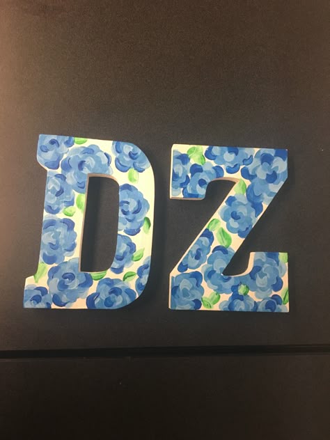 Delta Zeta painted letters Wood Greek Letters Painted, Painted Greek Letters Ideas, Adpi Letters Painted, Delta Zeta Wooden Letters, Sorority Wooden Letters Decorated, Delta Zeta Letters Painted, Blue Sorority Letters, Greek Letters Painted Sorority, Dz Letters Painted