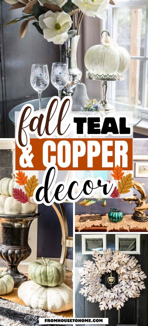 fall teal & copper decor Fall Room Decor Ideas, Teal And Copper, Seasonal Decor Fall, Copper Fall, Interior Decorating Living Room, Fall Room, Fall Room Decor, Sewing Room Storage, Fall Home Tour