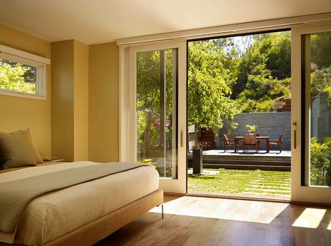 Beautiful home nestled into the hillside of Cole Valley, California Bedroom Patio Doors, Glass Door Design, Bedroom Patio, Modern French, Sliding Glass Doors, French Door, Indoor Outdoor Living, Patio Doors, Glass Doors