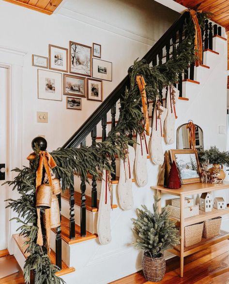 Stockings On Railing, Staircase Stocking Ideas, Stockings On Staircase Banisters, Christmas Ledge Decorating Ideas, Stair Railing Christmas Decor, Christmas Banister Ideas, Stair Railing Christmas Decorating Ideas, Stockings On Staircase, Banister Christmas Decor