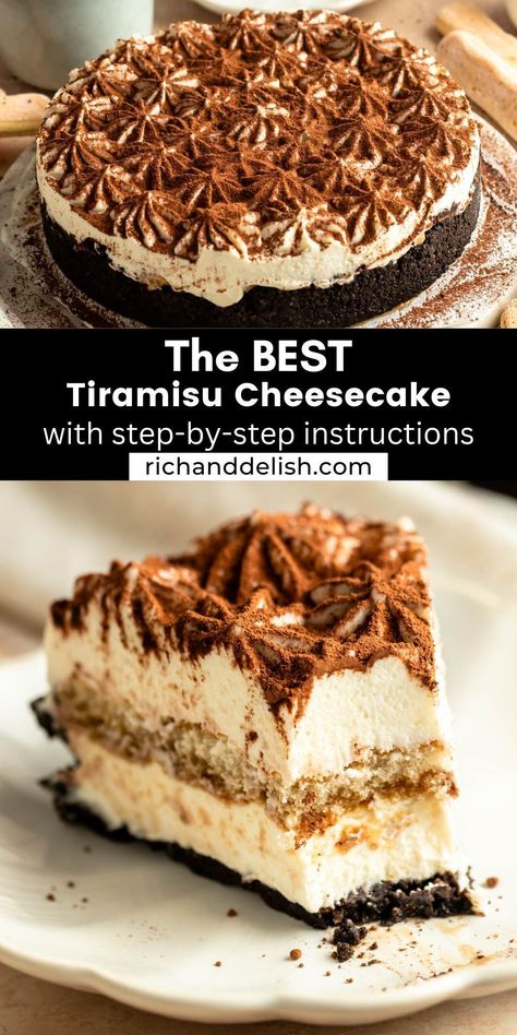 This creamy no bake tiramisu cheesecake is made with cream cheese and mascarpone filling, has a coffee-soaked ladyfinger middle, oreo crust, and is topped with lots of cocoa powder. Funnel Cake Toppings, Freeze Cheesecake, Funnel Cake Bites Recipe, Easy Funnel Cake, Freeze Cheese, Cake Bites Recipe, Funnel Cake Recipe Easy, Funnel Cake Bites, Mascarpone Cheesecake