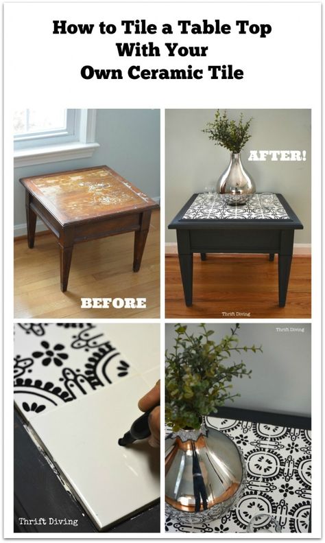 How to Tile a Table Top With Your Own Ceramic Tile - Thrift Diving Blog How To Tile, Diy Table Top, Tile Table, White Bathroom Tiles, Furniture Renovation, Diy Furniture Table, Refurbished Furniture, Flipping Furniture, Redo Furniture