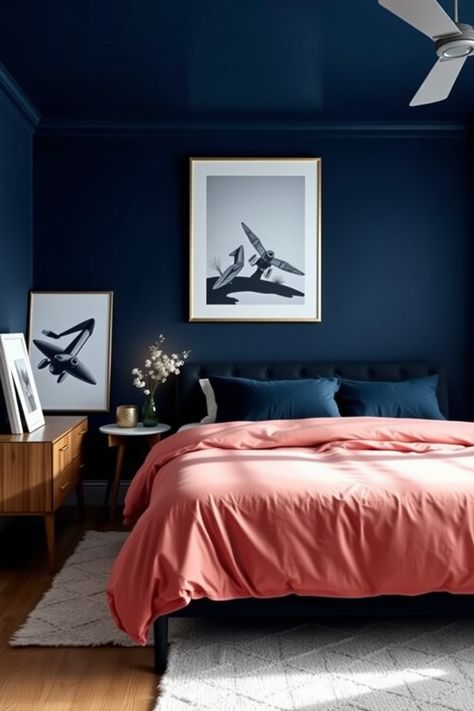 15 Ideas and Inspiration for Navy Blue Bedrooms – bedroomideas.fun Navy Blue Bedroom Color Palette, Blue Color Drenched Bedroom, Navy Walls Bedroom, Cozy Bedroom Ideas Blue, Shades Of Blue Bedroom, Navy Blue Accent Wall Bedroom, Magenta Bedrooms, Navy Bedroom Walls, Navy Blue Accent Wall