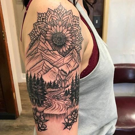 Beautiful mandala landscape  by Dan Dozier of Primal Decor. Mandala Arm Tattoo, Natur Tattoo Arm, Dotwork Tattoo Mandala, Mother Nature Tattoos, Nature Tattoo Sleeve, Half Sleeve Tattoos Drawings, Tattoos For Women Half Sleeve, Landscape Tattoo, Beautiful Mandala