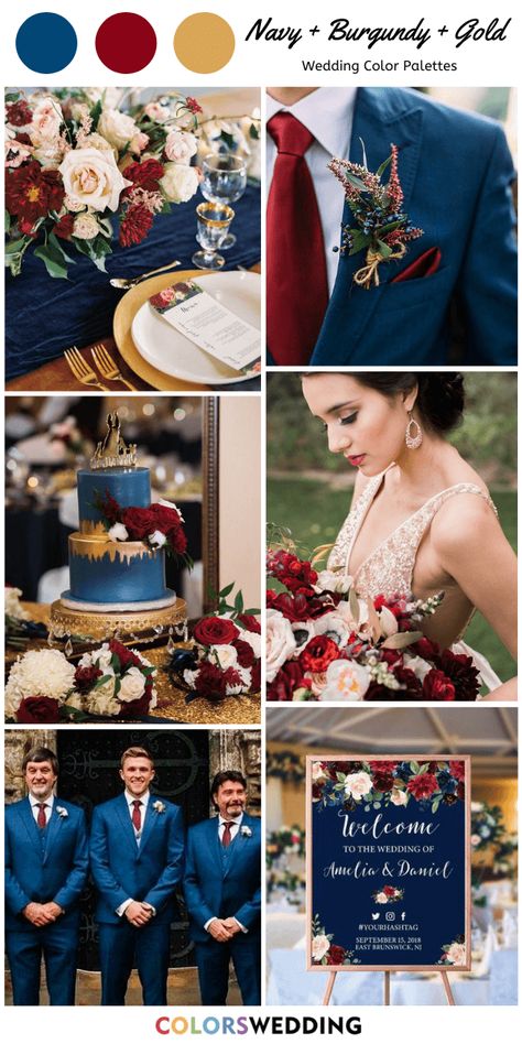 Red White And Blue Wedding, Blue Wedding Colors, Navy And Burgundy Wedding, Navy Blue And Gold Wedding, Blue And Gold Wedding, Beauty And Beast Wedding, Wedding Color Scheme, Gold Wedding Colors, Wedding Color Combos