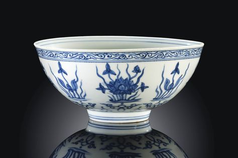 A MING BLUE AND WHITE 'LOTUS' BOWL | ZHENGDE UNDERGLAZE BLUE FOUR-CHARACTER MARK AND OF THE PERIOD (1506-1521) | flowers & plants, All other categories of objects | Christie's The Han Dynasty, Lotus Bowls, Chinese Blue, Chinese Pottery, White Lotus, Blue And White China, Chinese Ceramics, White China, Flowers Plants