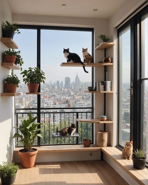 20 Unique Ways To Make Your Balcony Cat-Friendly – ToolzView Cats And Apartments, Cat Paradise Home, Catio Cat Apartment, Cat Aesthetic Home, Cat Friendly Room Ideas, Living With Cats Apartments, Small Cat Area In House, Sunroom Cat Room, Small Apartment With Cats