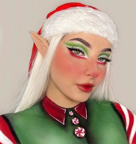 Cute Elf Makeup Looks Christmas, Elf Make Up Christmas, Easy Elf Makeup Christmas, Christmas Makeup Grinch, Christmas Elf Makeup Looks Easy, Xmas Elf Makeup, Christmas Makeup Glam, Grinch Christmas Makeup, Santa Elf Makeup