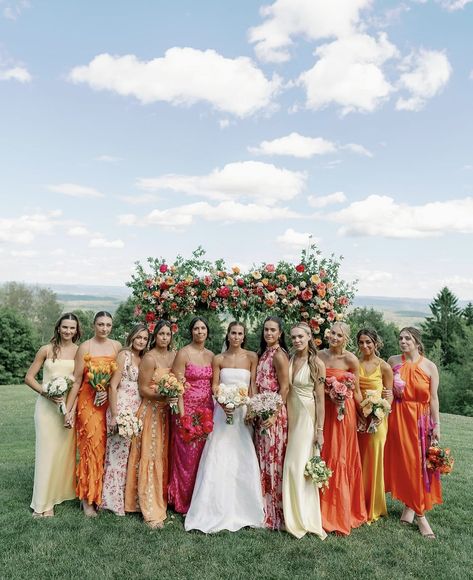 Floral Bridesmaid Dresses Mismatched Spring, Red Wedding Colors Palette, Multi Colored Bridesmaid Dresses Summer, Mix Color Bridesmaid Dresses, Bridesmaid Dress Same Color Different Style, Summer Wedding Bright Colors, Fuscia Bridesmaids Dress, Unique Bridal Party Colors, Pink Orange And Yellow Bridesmaids