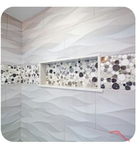 Low Tub Shower Combo, Modern Bathroom Design Tub Shower Combo, Wavy Tile Tub Surround, Ceramic Tile Tub Surround Ideas, Wavy Shower Tile Master Bath, Wavy Tile Shower Ideas, Tub Shower Combo With Tile, Shower And Tub Tile Ideas, Tub Shower Combo With Accent Tile