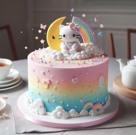 @erlitakrist Character Cakes For Girls Birthday, Rainbow Kitty Cake, Kitty Cakes Birthdays, Hello Kitty Birthday Cake Ideas, Hello Kitty Rainbow Cake, Sanrio Cake Birthday, Outer Space Birthday Cake, Hello Kitty Cake Ideas, Hello Kitty Cake Design