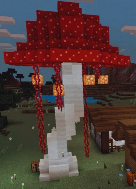 Minecraft Shroom Light Ideas, Minecraft Mushroom Statue, Custom Mushroom Minecraft, Red Minecraft Builds, Minecraft Mushroom Forest, Red Minecraft House, Nether Builds Minecraft, Mushrooms Minecraft, Minecraft Nether Builds