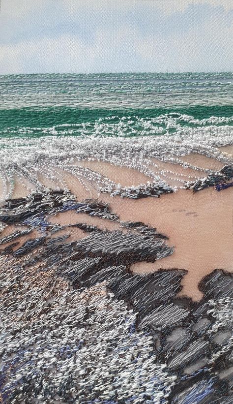 Alison Holt Textile Artists, Ocean Textile Art, Landscapes Textiles, Sea Shell Applique, Beach Textiles, Water Textiles, Textile Landscapes, Textile Sketchbook, Embroidered Painting