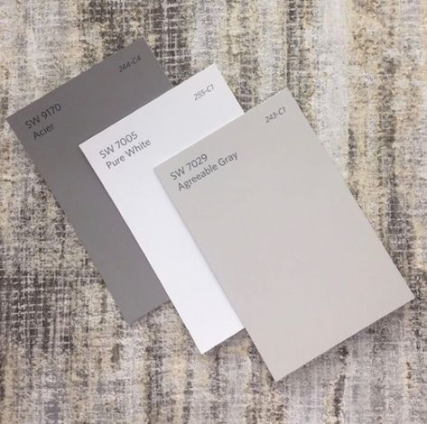 Sherwin Williams | Acier - Pure White - Agreeable Gray Gray Countertops, Agreeable Gray Sherwin Williams, Kitchen Gray, Interior Paint Colors Schemes, Sherwin Williams Gray, Agreeable Gray, Exterior Paint Colors For House, Interior Paint Colors, Shades Of Gray