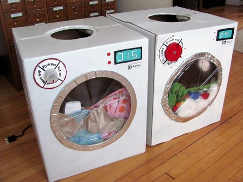 DIY Cardboard washer & dryer2 | Flickr - Photo Sharing! Diy Clothes Dryer, Clothes Dryer Machine, Water Study, Clothing Study, Diy Karton, Toy Kitchens, Dramatic Play Preschool, Dramatic Play Area, Cardboard Box Crafts