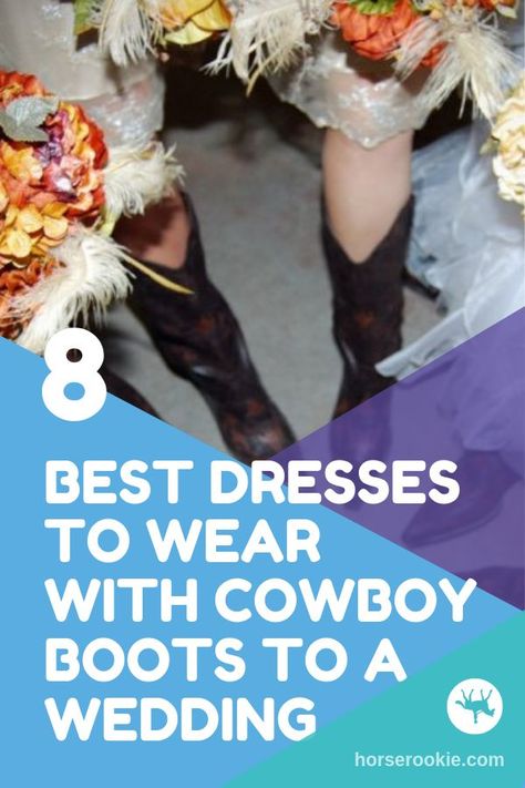 If you’re planning on wearing cowboy boots as a wedding guest, jeans might not quite cut it. We went on the hunt for some of the best dresses to wear with your boots! You’re welcome. #cowboyboots #westernwedding #wedding Boots To A Wedding As A Guest, Western Theme Wedding Outfit, Country Boots Dress Outfit, Formal Dresses Western, Country Casual Outfits Wedding, Boots And Ballgowns, Backyard Wedding Guest Attire, Date Night Outfit With Cowboy Boots, Country Outfits Wedding Guest