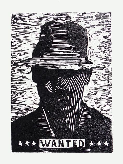 WANTED on Behance Lino Cut, Linocut Art, Cowboy Art, Gcse Art, Linoleum, A Wood, Linocut, Block Print, Art Inspo