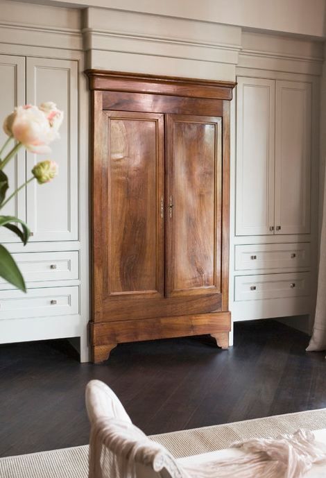 Antiques Repurposed, Bedroom Built Ins, Antique Armoire, Transitional Bedroom, Paris Home, Safe Haven, Built In Wardrobe, Closet Bedroom, Closet Design