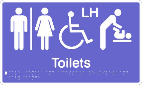 Separate Male, Female & LH Accessible Toilets & Baby Change Sign  Chameleon PBW-MFATBL braille & tactile sign.300mm x 180mm blue/white acrylic.Tactile symbols: Male / Airlock / Female / Access LH / Baby Change.20mm tactile text: Toilets.Braille: male / female and lh accessible toilets and baby change. http://braillesigndistributors com.au/sign/separate-male-female-lh-accessible-toilets-baby-change-sign/ Accessible Toilet, Unisex Toilets, Rh Baby, Baby Changing, White Acrylic, Toilets, Blue White, Gaming Logos, Blue And White