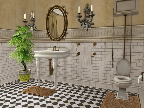 Goth mansion: first floor bathroom. Goth Mansion, Victorian Toilet, Old Sink, Tumblr Sims 4, Floor Bathroom, Sims House, Sims 2, Sims Cc, Round Mirror Bathroom