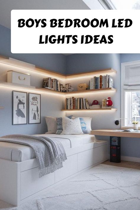 Boys Bedroom LED Lights Ideas Boy Room Ideas Teenagers Led Lights, Teenage Bedroom Ideas Boy, Where To Put Led Strip Lights, Boys Bedroom Led Lights, Boy Room Ideas Teenagers, Teenager Room Ideas For Boys, Teenager Boys Bedroom Ideas, Led Lights Ideas, Boys Gaming Bedroom Ideas