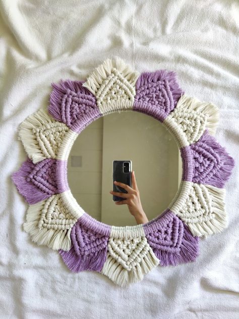 Macrame mirror with 2 shades of colors.

Customise it the way you like (colors, patterns , sizes etc)

Available for sale in INDIA. Macrame Mirrors, Macrame Product, Macrame Mirror Wall Hanging, Crochet Mirror, Macrame Things, Mirror Macrame, Mirrors Design, Diy Macrame Earrings, Lavender Decor