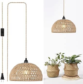 foucasal Plug in Pendant Light Hanging Lights with Plug in Cord 15ft Farmhouse Hanging Lamp Woven Rattan Plug in Ceiling Light Fixture for Living Dinning Room Bedroom Kitchen Island Plug In Ceiling Light, Plug In Pendant Light, Light Hanging, Ceiling Light Fixture, Woven Rattan, Ceiling Light Fixtures, Ceiling Fixtures, Hanging Lamp, Future House