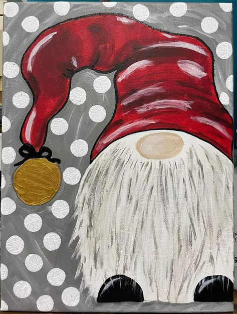 Christmas Nomes Paintings Easy, Simple Christmas Paintings For Kids, Christmas Gnome Painting Ideas, Sip And Paint Christmas Ideas, Simple Christmas Paintings For Beginners, Winter Gnome Painting, Gnomes Art, Cabin Painting, Gnome Painting