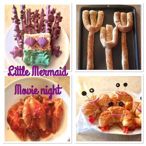 Little Mermaid movie night Disney Movie Themed Food, Little Mermaid Movie Night, Mermaid Movie Night, Disney Movie Themed Dinner, Family Movie Night Themes, Family Movie Night Snacks, Disney Movie Night Menu, Disney Themed Movie Night, Disney Movie Night Food