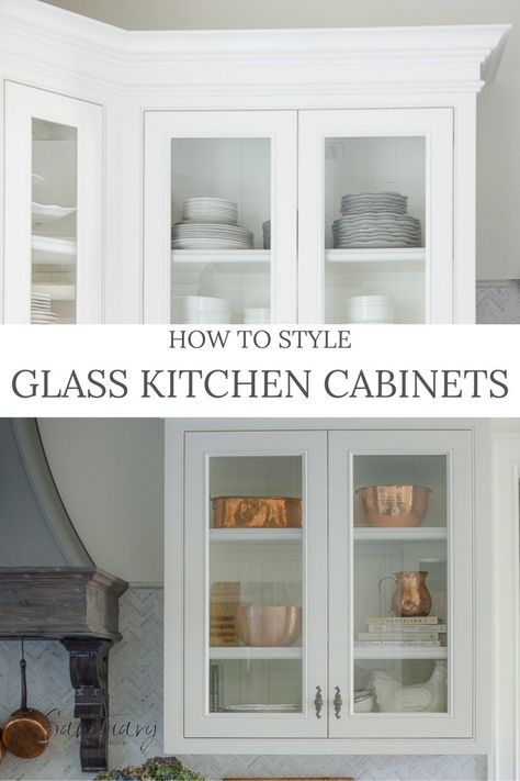 Glass Kitchen Cabinet Display Ideas, Decorating Inside Glass Kitchen Cabinets, White Cabinets With Glass Doors On Top, Glass Door Cupboard Kitchen, Organizing Glasses In Kitchen Cabinets, How To Style Glass Kitchen Cabinets Cupboards, Styling Corner Glass Kitchen Cabinet, Kitchen Cupboards With Glass On Top, Style Kitchen Cabinets With Glass Doors