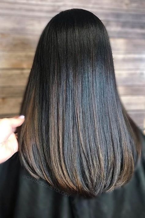 Brown Highlights On Black Hair, Black Hair Looks, Black Hair With Brown Highlights, Highlights On Black Hair, Straight Hair Highlights, Hair Lights, Body Facts, Black Hair Balayage, Corte Bob