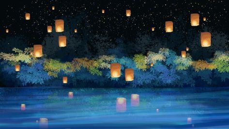 Lantern Art Drawing, Sky Lanterns Painting, Lantern Wallpaper, Sky Hand, Lantern Illustration, Lantern Painting, Lantern Art, Floating Lanterns, Night Illustration