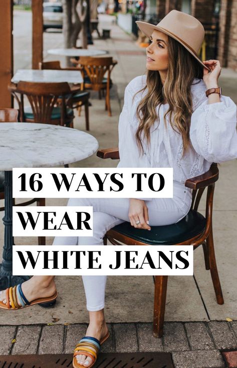 White Denim Summer Outfit, Tops For White Jeans, White Jeans With White Top, Classy White Jeans Outfit, White Jeans Outfits Summer, Spring Outfits With White Jeans, White Jeans Inspo Outfit, How To Style A White Jeans, How To Wear White Jeans Over 50