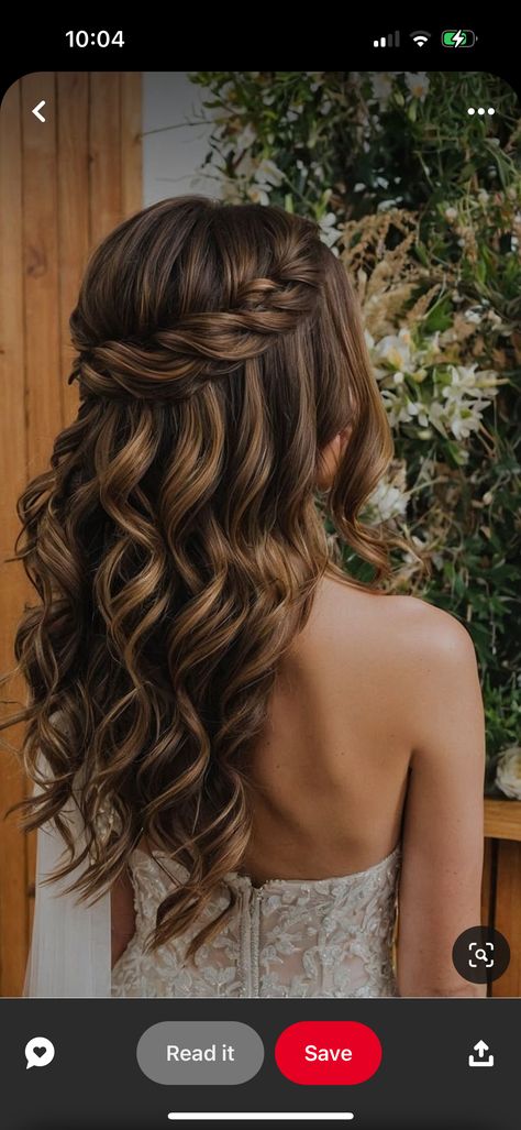 Wedding Hair Inspo Bridesmaid, Simple Curled Hair With Braid, Wedding Guest Hairstyles Curled Down, Bridesmaid Hairstyles Beach Waves, Hairstyle Ideas For Bridesmaids, Curly Hairstyle For Bride, Half Up Curls Hairstyles, Curl Bridal Hairstyles, Waterfall Braid Front View