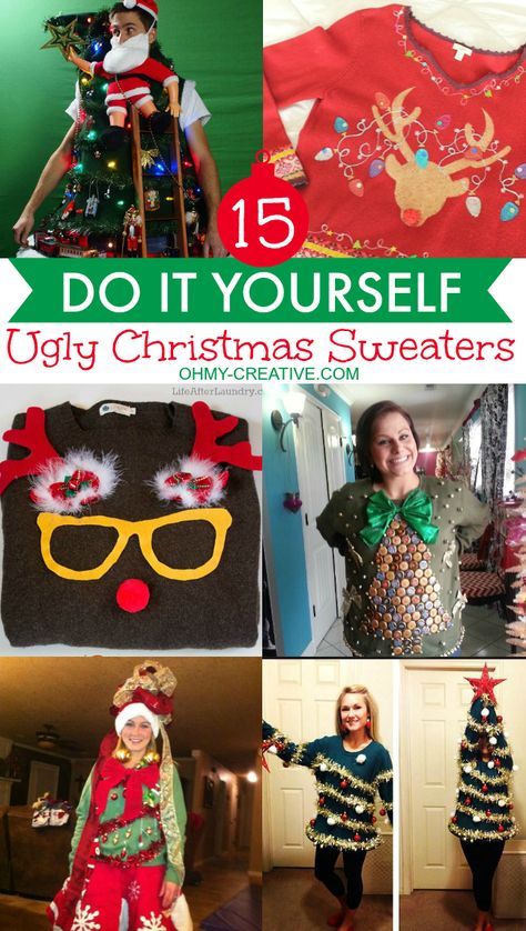 15 Do It Yourself Ugly Christmas Sweaters you can make! Get creative and make your own Ugly Christmas Sweater with these 15 inspiring ideas! Diy Christmas Sweater, Ugly Sweater Diy, Diy Ugly Christmas Sweater, Tacky Christmas Sweater, Hallowen Ideas, Ugly Xmas Sweater, Tacky Christmas, Party Sweaters, Christmas Sweater Party