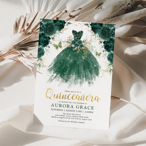 Quinceañera Emerald Green Flower Princess Birthday #15thbirthdaypartyinvite #quinceaneradress #sparklyglitterfloralballgown #fiestasenoritasweet16sixteen #mexicanspanishlatinacumpleanos #enchantedforestfairyqueen #emeraldgreenflowers #elegantprincesscrowntiara #chicwatercolorgardenroses #misquinceanos Emerald Green Quinceanera Dresses, Green Quinceanera Dresses, Invitations Quinceanera, Floral Ball Gown, Green Invitations, Flower Princess, Princess Birthday Invitations, Green Roses, Pretty Watercolor