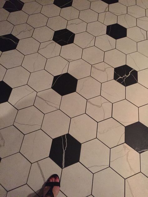 Large black and white hex tile floor Black White Hexagon Floor, Hex Tile Patterns Black White, Large Hex Tile Floor, Black And White Hexagon Tile Bathroom Floor Patterns, Black And White Hexagon Tile Bathroom, Hexagon Floor Tile Pattern, Black And White Hex Tile, Octagon Tile Floor, White Hexagon Tile Bathroom