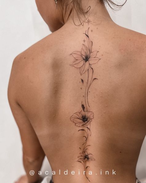 Lily Tattoo Back, Symmetric Tattoo, Flower Chain Tattoo, Badass Tattoos For Women, Dark Disney Tattoo, Floral Back Tattoos, Flower Spine Tattoos, Lily Flower Tattoos, Floral Thigh Tattoos