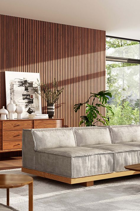 Slatted Wooden Wall, Slate Panel Wall, Wood Slat Feature Wall Living Room, Mid Century Wood Slat Wall, Wood Slate Walls, Timber Panelling Wall Interiors, Living Room Wood Slat Wall, Vertical Slat Accent Wall, Slate Wall Dining Room