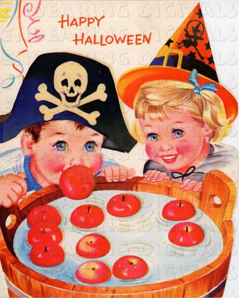 Vintage Halloween Candy Ads, Bobbing For Apples Halloween, 50s Halloween, Childhood Halloween, 1950s Halloween, Vintage Halloween Cards, Photo Halloween, Vintage Halloween Images, Bobbing For Apples