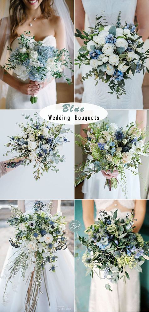 Blue Bridal Flowers Bouquet, Spring 2023 Wedding Flowers, Bouquets For Blue Bridesmaids Dresses, Something Blue Quotes Wedding, Wedding Bouquets Summer Blue, Flowers For Summer Wedding, Something Blue Flowers, Blue Summer Wedding Flowers, Bridal Bouquet Ideas Spring