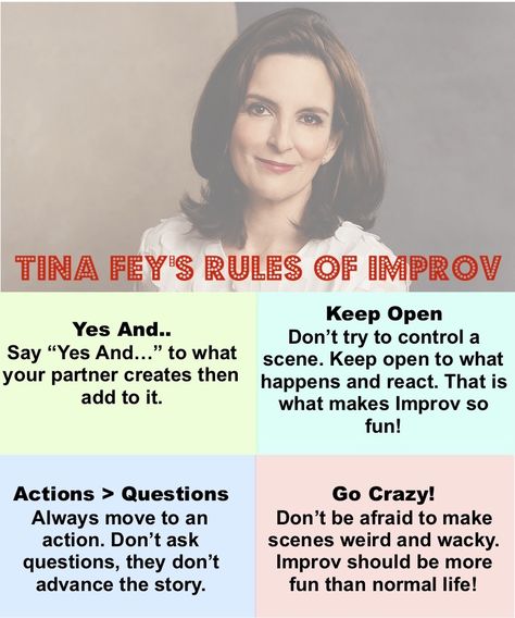 Tina Fey's rules for Improv - Theater of the Imagination Writing Funny, Improv Comedy, Female Head, Tina Fey, Creating Characters, Normal Life, Saturday Night Live, Public Speaking, Mean Girls