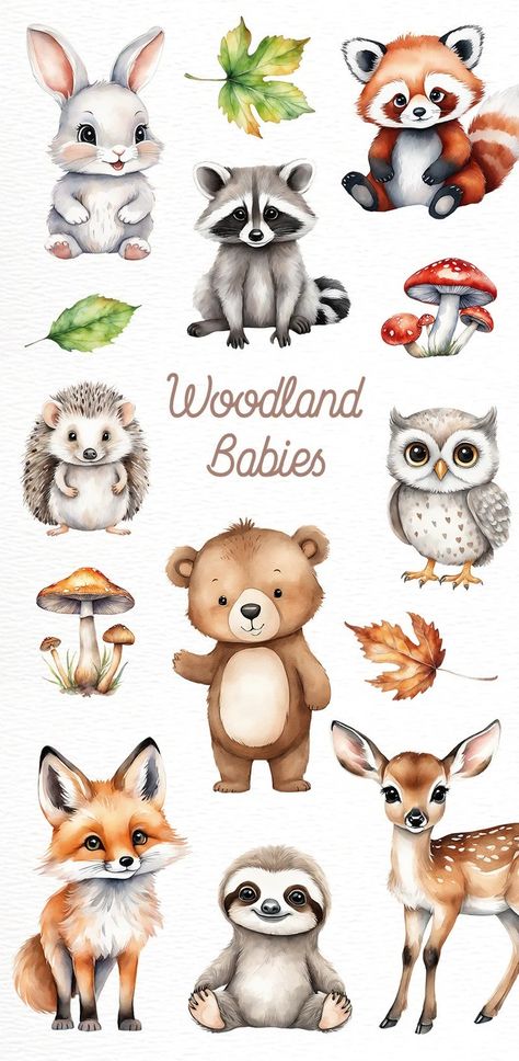 Cute Woodland Animals Drawing, Woodland Creature Drawing, Cute Woodland Creatures, Cute Forest Animals Illustration, Easy Woodland Animal Drawings, Cute Forest Animals Drawing, How To Draw Woodland Animals, Animated Animals Drawings, Aesthetic Animal Drawings