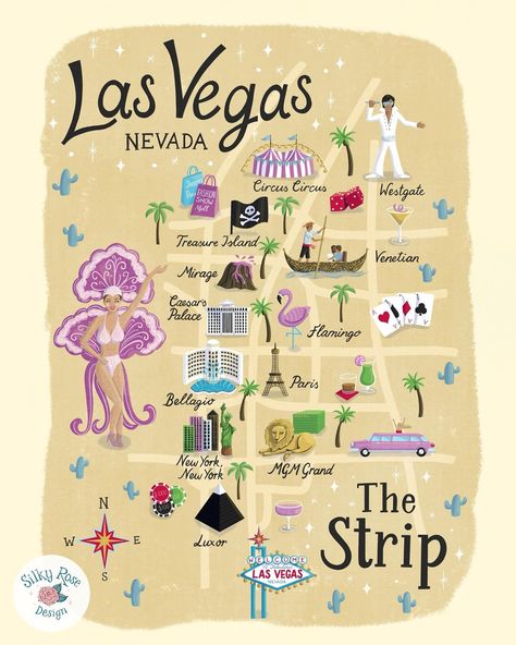 Las Vegas map! The full maps and some close up of some of my favourite details (the limo!) Where should I draw next? #illustratedmap #lasvegas #lasvegasmap #freelanceillustrator #artlicensing #vivalasvegas #sincity #mapillustration #silkyrosedesign Vegas Illustration, Las Vegas Strip Map, Las Vegas Map, Rose Illustration, Caesars Palace, Illustration Portfolio, Ipad Art, Sin City, Illustrated Map