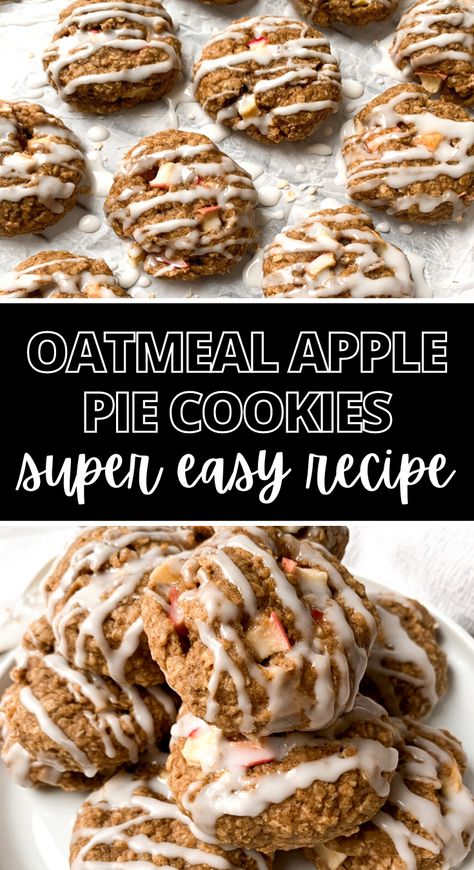 This super easy recipe for Healthy Oatmeal Apple Cookies is my favorite apple cookie recipe I've made! It was so easy to follow and the rolled oats make for the best texture. These cookies are super soft and the vanilla glaze is perfect! You need to make these apple cookies asap! #applepiecookies #healthycookies #breakfastcookies Oatmeal Apple Pie, Healthy Cookie Recipe, Oatmeal Cookies Recipes Easy, Apple Cookies Recipes, Oatmeal Apple, Apple Pie Oatmeal, Apple Oatmeal Cookies, Apple Cookie, Apple Pie Cookies