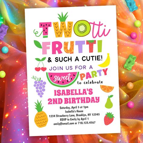 TWOtti Frutti Tropical Fruit Summer 2nd Birthday 2nd Birthday Boy Themes Summer, Twotti Fruity Party Food, Twotii Fruitii, Twotti Fruity, 2nd Birthday Boys, Fruit Summer, Tropical Birthday, Birthday Themes For Boys, 2nd Birthday Invitations