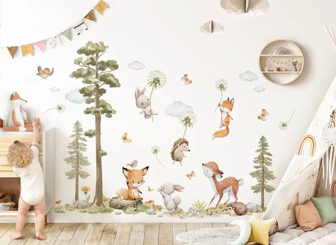 XXL Sticker Set Forest Animals Wall Sticker for Children's Room Dandelion Animals Wall Tattoo for Baby Room Wall Sticker Decoration Self-adhesive DK1137 - Etsy Tattoo For Baby, Nursery Ideas Woodland, Baby Nursery Murals, Forest Kids Room, Forest Baby Nursery, Woodchip Wallpaper, Baby Room Wall Stickers, Wall Stickers Animals, Kids Deco