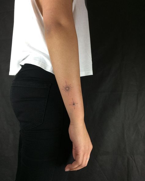 @juju.tattoos on Instagram: “thanks so much sweet Gillian. Enjoy your first tattoos! #startattoo #starburst #dotworktattoo #jujutattoo @hiddenmoontattoo” Starburst Tattoo, First Tattoos, Dot Work Tattoo, Star Tattoos, First Tattoo, Thanks So Much, Triangle Tattoo, Geometric Tattoo, Tatting