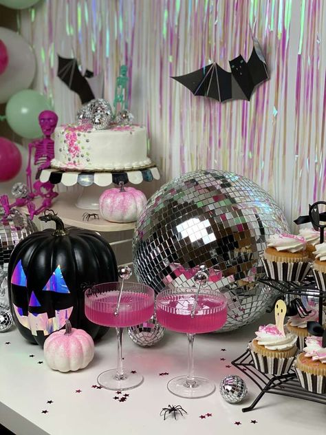 Disco Halloween Party Halloween Party Ideas | Photo 5 of 11 | Catch My Party Holographic Halloween Decor, 70s Disco Halloween Party, Halloween Girly Party, Barbie Halloween Party Ideas, Disco Halloween Party Ideas, Barbie Halloween Party Decorations, Halloween Barbie Party, Spooky Disco Party, Haunted Disco Party