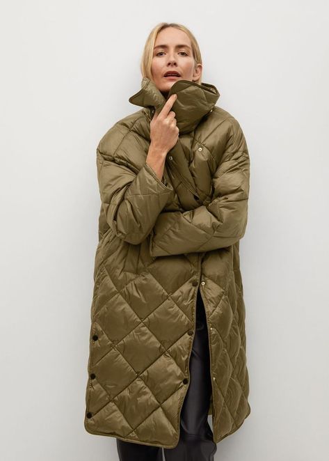 Mango Oversize Quilted Coat in Khaki Oversized Puffer Coat, Mango Coats, Long Quilted Coat, Womens Tweed Jacket, Oversized Puffer, Fall Coat, Quilted Coat, Clothing Labels, Affordable Clothes